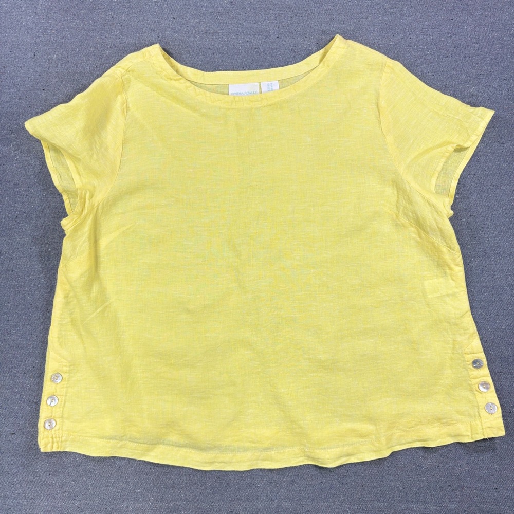Cynthia Rowley Top Women 1X Yellow 100% Linen Shrt Sleeve Side Button Scoop Neck